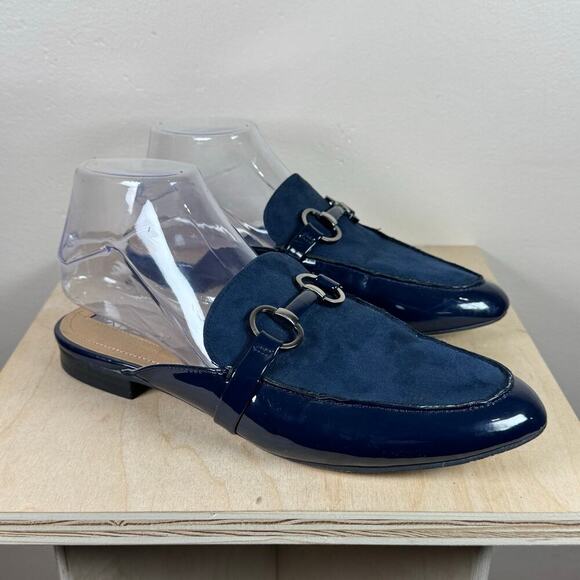TAHARI Frenchie Vegan Blue Suede Patent Leather Slip on Mule Loafers Academia 9 - Picture 1 of 10
